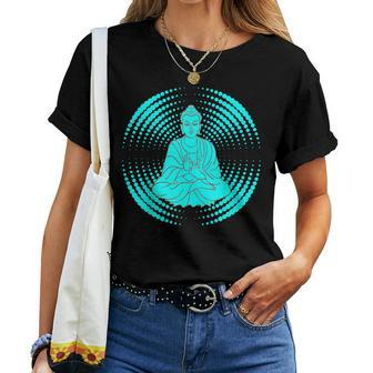 Buddha With Mudra Mandala Turquoise Brown Women T-shirt - Monsterry