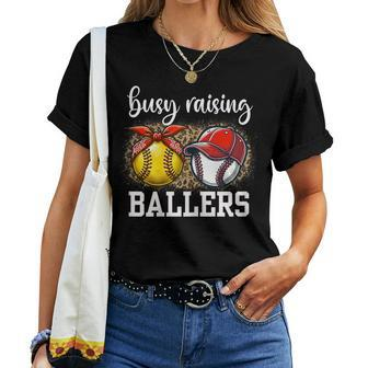 Busy Raising Ballers Softball And Baseball Leopard Print Mom Women T-shirt - Thegiftio UK