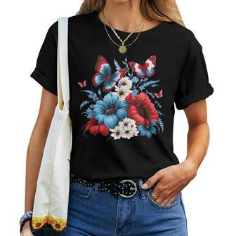 Butterfly Flowers Red White And Blue 4Th Of July Patriotic Women T-shirt - Monsterry