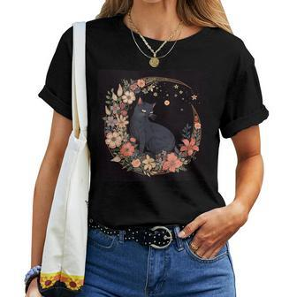 Cat Moon Floral Flowers Graphic Women T-shirt - Monsterry