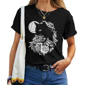 Cat Moon Night Flowers Black Cats Lovers Women T-shirt - Monsterry DE