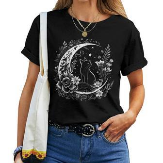 Cat Sitting On Crescent Moon Flowers Stars Drawing Women Women T-shirt - Monsterry CA