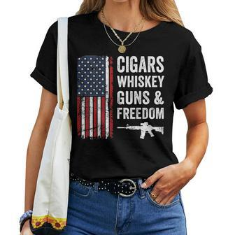 Cigars Whiskey Guns & Freedom Usa Flag 4Th Of July Back Women T-shirt - Monsterry AU