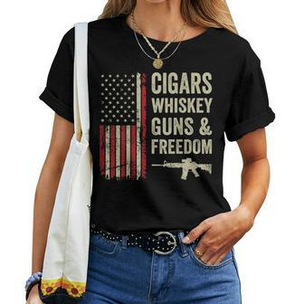 Cigars Whiskey Guns & Freedom Usa Flag 4Th Of July Back Women T-shirt - Monsterry UK