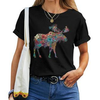 Colorful Moose Flower Animal Winter Mountains Wildlife Moose Women T-shirt - Monsterry AU