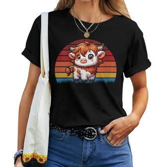 Cute Baby Highland Cow With Vintage Sunset Animal Cow Women Women T-shirt - Monsterry UK
