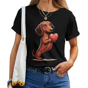 Cute Dachshund Valentines Day Heart Lover Dog Mom Dad Women Women T-shirt - Monsterry