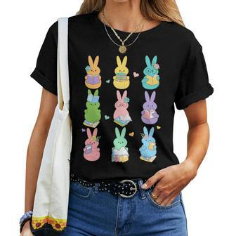 Cute Teacher Bunny Reading Book Outfit Happy Easter Teacher Women T-shirt | Mazezy