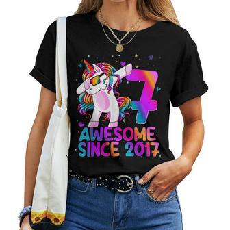 Dabbing Unicorn 7 Year Old 7Th Birthday Girl Unicorn Party Women T-shirt - Seseable