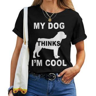 Damen Mein Hund Findet Mich Cool Rottweiler Liebhaber Papa Mama Familie Lustig Mit-Ausschnitt T-shirt Frauen - Geschenkecke