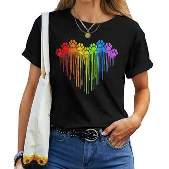 Dog Paws Rainbow Heart Dog Lover Gay Pride Lgbt Women T-shirt - Seseable