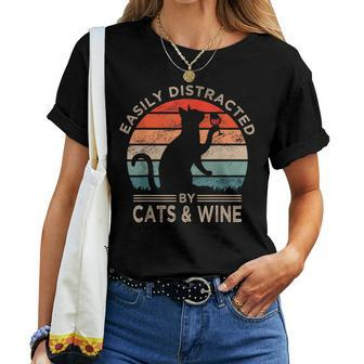 Easily Distracted By Cats & Wine Vintage Cats Wine Women T-shirt - Monsterry CA