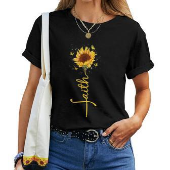 Faith Cross Sunflower Butterflies Flowers Christians Flora Women T-shirt - Seseable