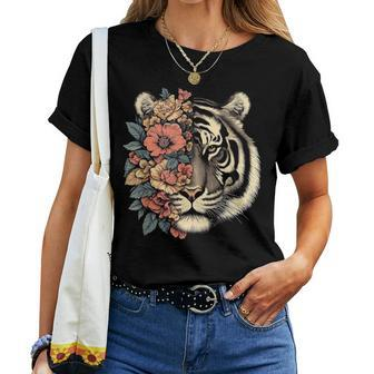 Floral Tiger Girls Flowers Tiger Face For Tigers Lover Women T-shirt - Monsterry