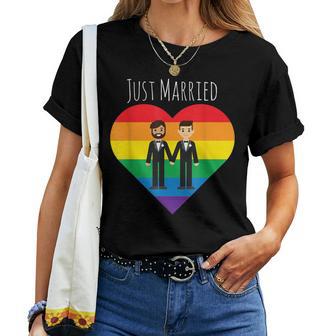 Gay Couple Just Married Rainbow Lgbt Wedding Women T-shirt - Monsterry DE