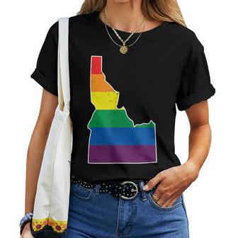 Gay Pride Flag Idaho State Map Rainbow Stripes Women T-shirt - Monsterry CA