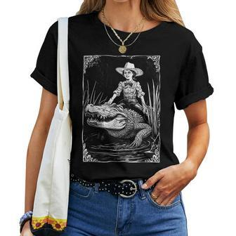 Girl Riding Alligator Weird Florida Crocodile Meme Women T-shirt - Monsterry AU