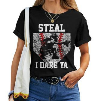 Girls Softball Catcher Steal I Dare Ya Player Women T-shirt - Monsterry CA