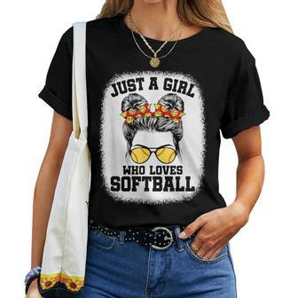 Girls Softball Fan Player Messy Bun Softball Lover Women T-shirt - Seseable