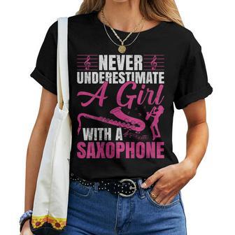 Girls Never Underestimate A Girl With A Saxophone Women T-shirt - Thegiftio UK