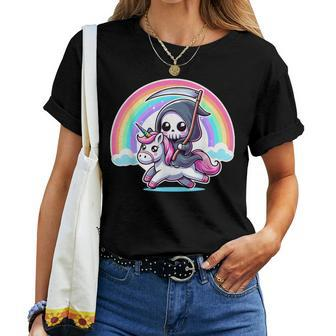 Grim Reaper Riding Unicorn Rainbow Heavy Metal Women T-shirt - Thegiftio UK