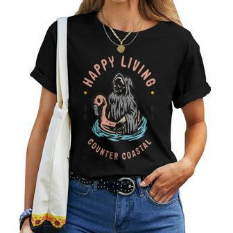 Happy Living Skeleton Reaper Flamingo Pool Float Women T-shirt - Monsterry