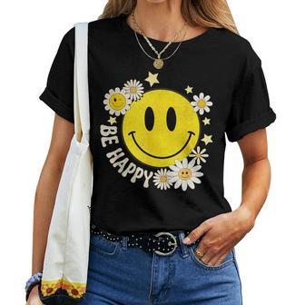 Be Happy Smile Face Retro Groovy Daisy Flower 70S Women T-shirt - Monsterry