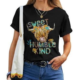 Highland Cow Sunflower Sweet Humble Kind Western Country Women T-shirt | Seseable CA
