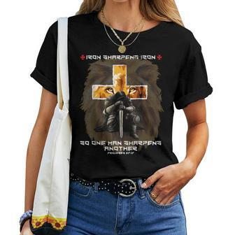Iron Sharpens Iron Christian Scripture Crosses Lion Graphic Women T-shirt - Monsterry