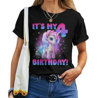 Its My 4Th Birthday Girl Unicorn Family Party Decorations Women T-shirt - Seseable