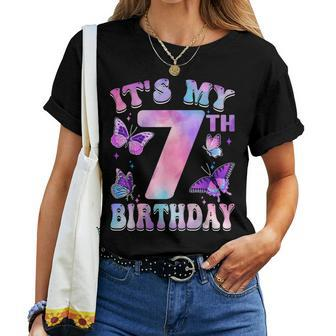 It's My 7Th Birthday Butterfly Theme 7 Year Old Party Girl Women T-shirt - Seseable