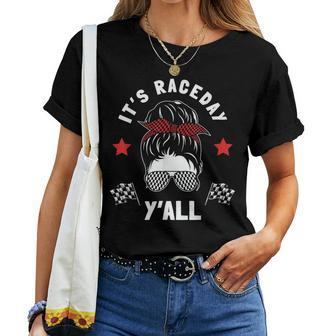 It's Race Day Y'all Checkered Flag Racing Messy Bun Pit Crew Women T-shirt - Monsterry CA