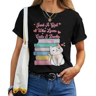 Just A Girl Who Loves Cats And Books Bookworm Cute Kitten Women T-shirt - Monsterry
