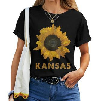 Kansas State Flower Sunflower Print Vintage Style Women T-shirt - Monsterry