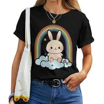 Kawaii Bunny Rabbit On A Rainbow Cloud Cute Animal Lover Women T-shirt - Monsterry