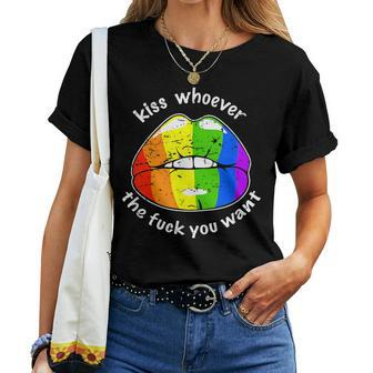 Lgbt Rainbow Flag Kiss Whoever The Fuck You Want Lips Women T-shirt - Monsterry