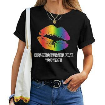 Lgbt Rainbow Kiss Whoever The Fuck You Want Women T-shirt - Monsterry