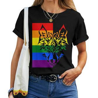 Lgbtq Rainbow Flag Tribal Wolf Pride Month Equal Women T-shirt - Monsterry
