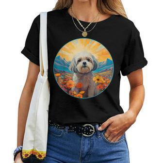 Lhasa Apso Puppy Dog Cute Flower Mountain Sunset Colorful Women T-shirt | Mazezy CA