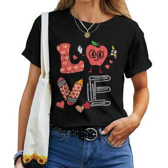 Love Valentines Day Apple Retro School Pre-K Teacher Women Women T-shirt | Mazezy