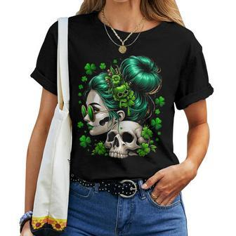 Messy Bun Irish Skull Saint Pattys Day Women T-shirt - Seseable