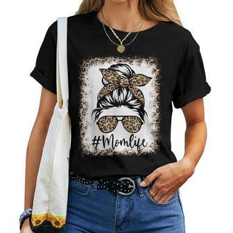 Mom Life Messy Bun Leopard Bandana Mama Bleached Women T-shirt - Monsterry AU