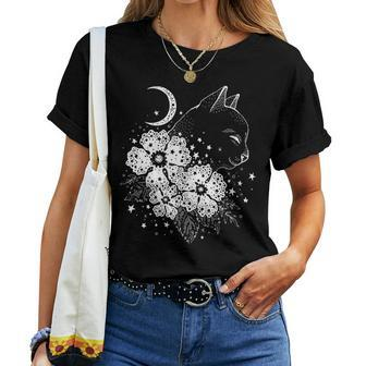Mystic Cat With Moon And Flowers Astrology Esoteric Cat Women T-shirt - Monsterry UK