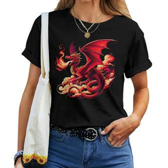 Mythical Red Dragon Breathes Fire On Clouds Boy Girl Dragon Women T-shirt - Seseable