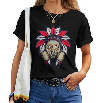 Native American Headdress Gas Mask Protest Camp Women T-shirt - Monsterry