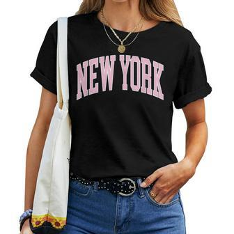 New York Souvenir Pink Retro Preppy Throwback Classic Womens Women T-shirt - Seseable