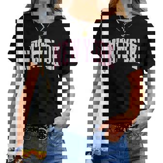 New York Souvenir Pink Retro Preppy Throwback Classic Womens Women T-shirt - Seseable