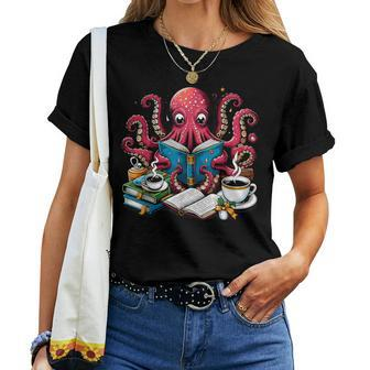 Octopus Reading Book Coffee Lover Bookaholic Bookworm Reader Women T-shirt - Seseable