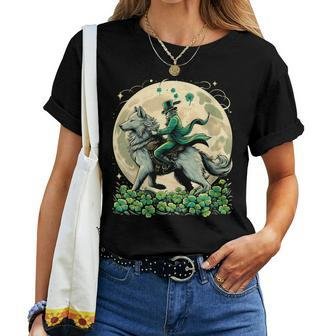 Patrick's Leprechaun Riding Wolf Vintage Loves Wolves Women T-shirt - Monsterry CA