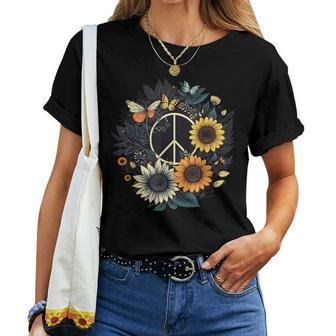 Peace Sign Love Sunflower On 60S 70S Sunflower Hippie Women T-shirt - Seseable